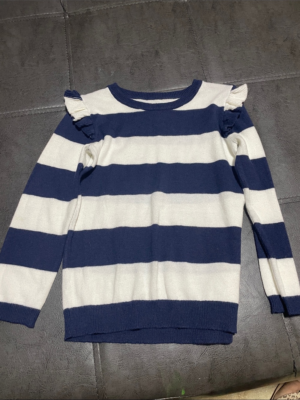 crown & ivy Navy and White Striped Ruffle Shoulder Sweater